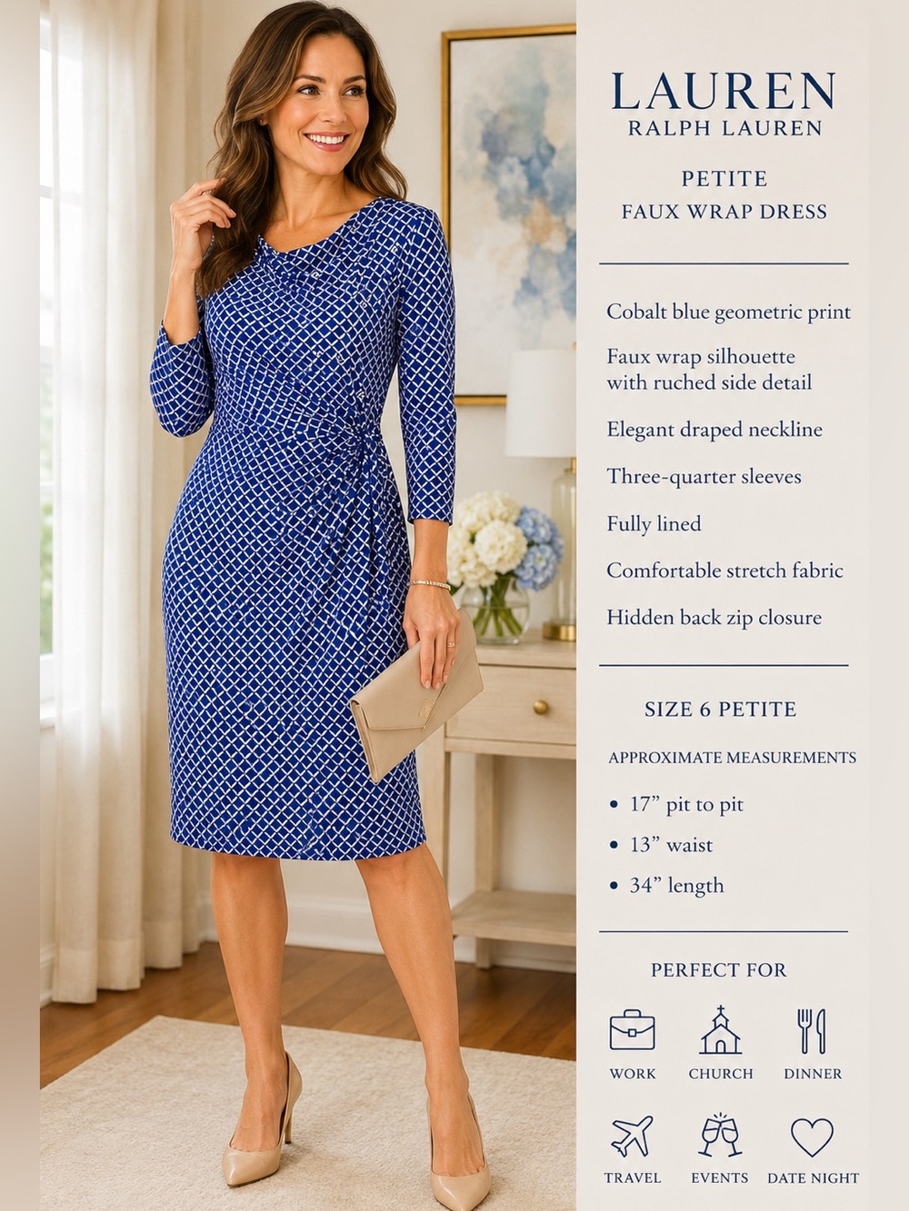 Lauren Ralph Lauren petite cobalt blue geometric ruched faux wrap dress NWOT 6p